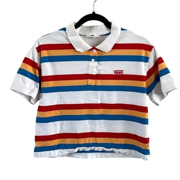 VANS Colorful Striped Cropped Polo Shirt Top Red Yellow Blue Sz Small - Picture 1 of 15